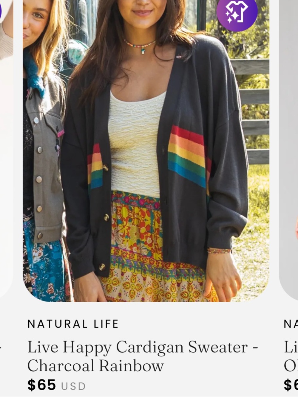 NATURAL LIFE Live Happy Cardigan Sweater Cardigan Rainbow Bands Charcoal Cotton - Picture 3 of 15